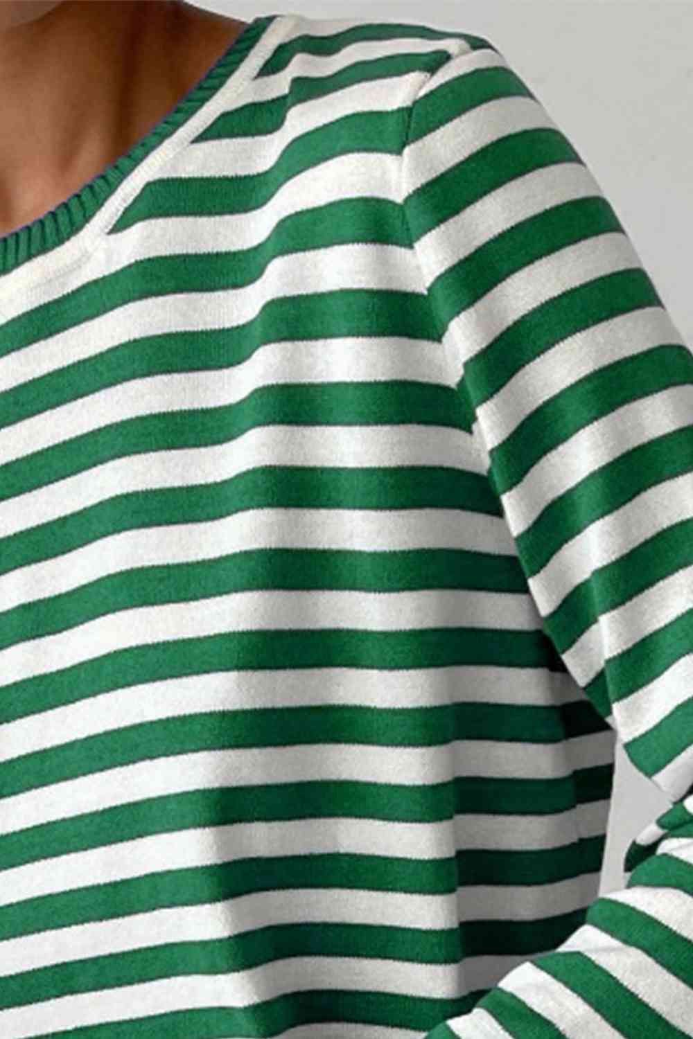 Striped Round Neck Long Sleeve Sweater - Ladyez