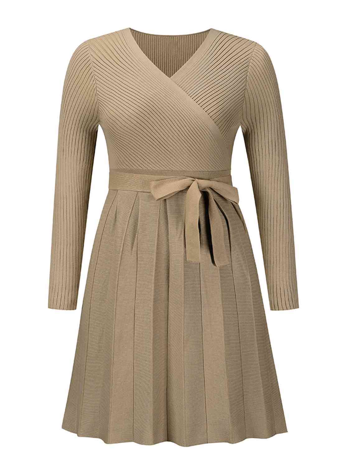 Surplice Neck Tie Front Pleated Sweater Dress - Ladyez