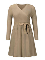 Surplice Neck Tie Front Pleated Sweater Dress - Ladyez