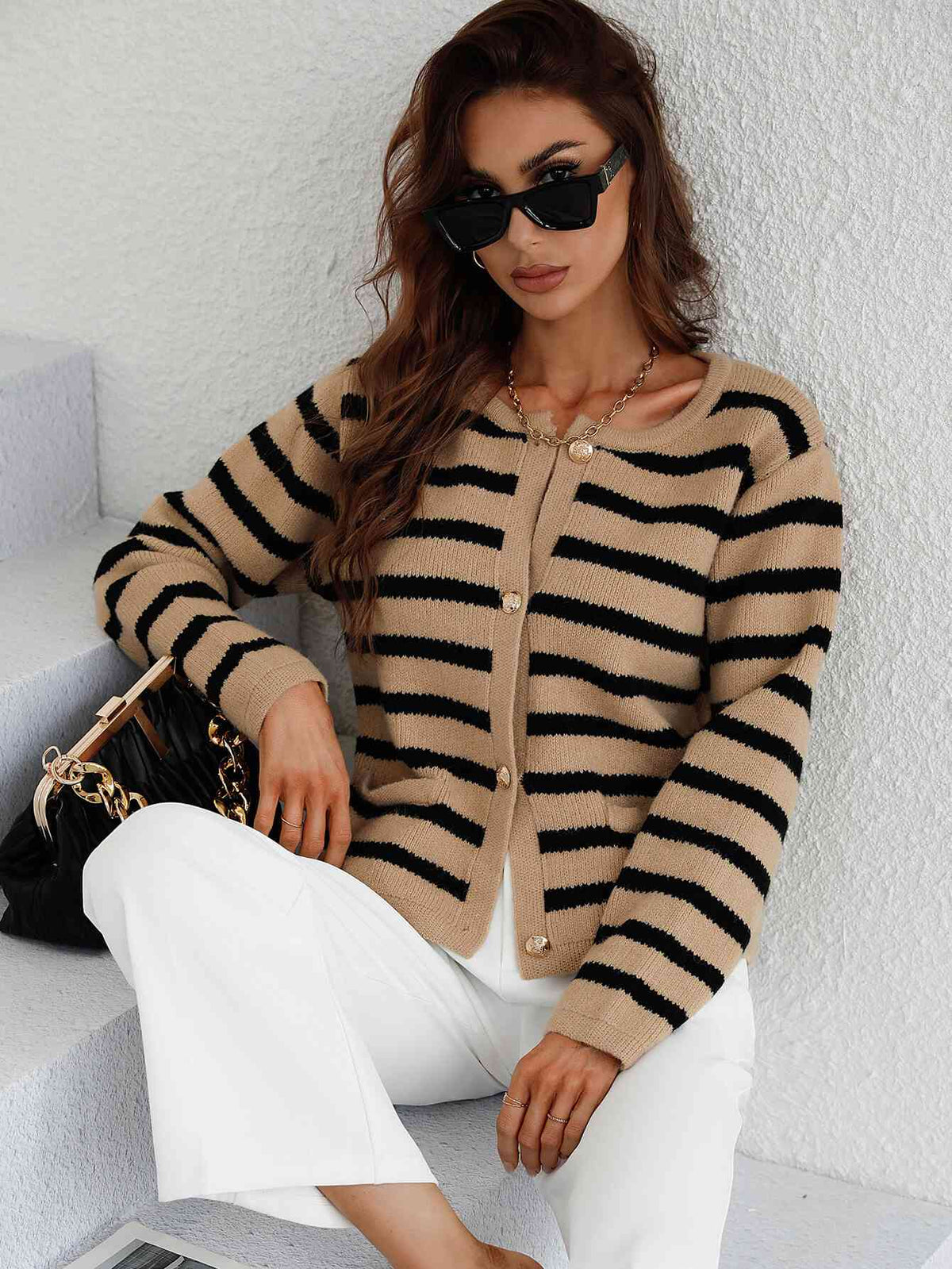 Woven Right Striped Button Front Cardigan - Ladyez