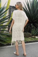 V-Neck Short Sleeve Fringe Hem Knit Dress - Ladyez
