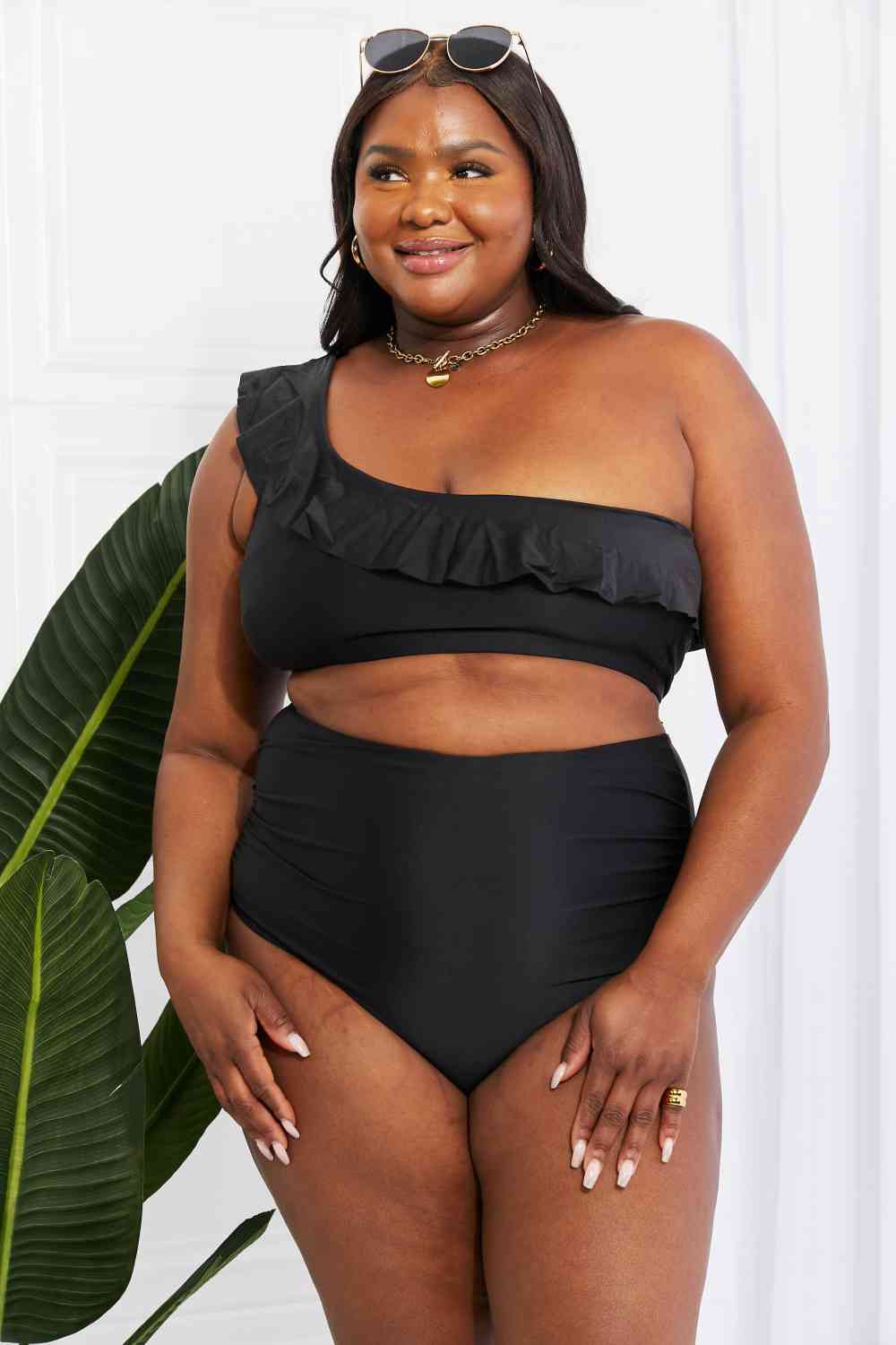 Marina West Swim Seaside Romance Ruffle One-Shoulder Bikini in Black - Ladyez