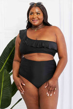 Marina West Swim Seaside Romance Ruffle One-Shoulder Bikini in Black - Ladyez