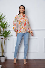 Floral Frill Notched Long Sleeve Blouse - Ladyez