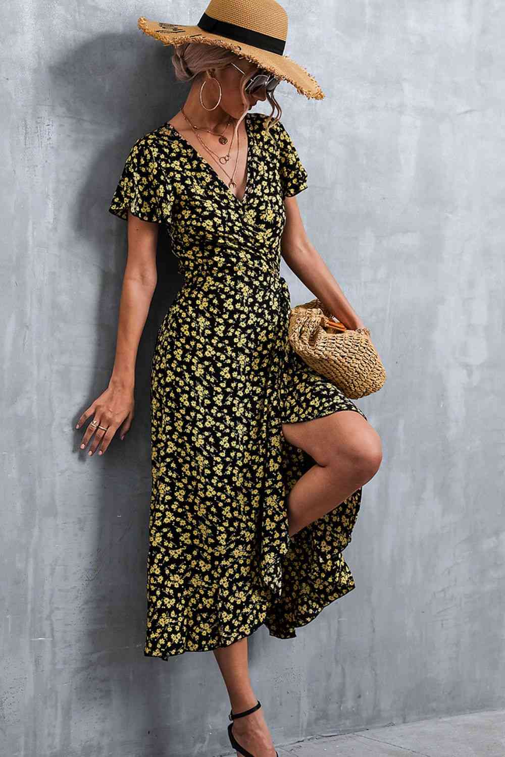 Floral Surplice Neck Tied Midi Dress - Ladyez