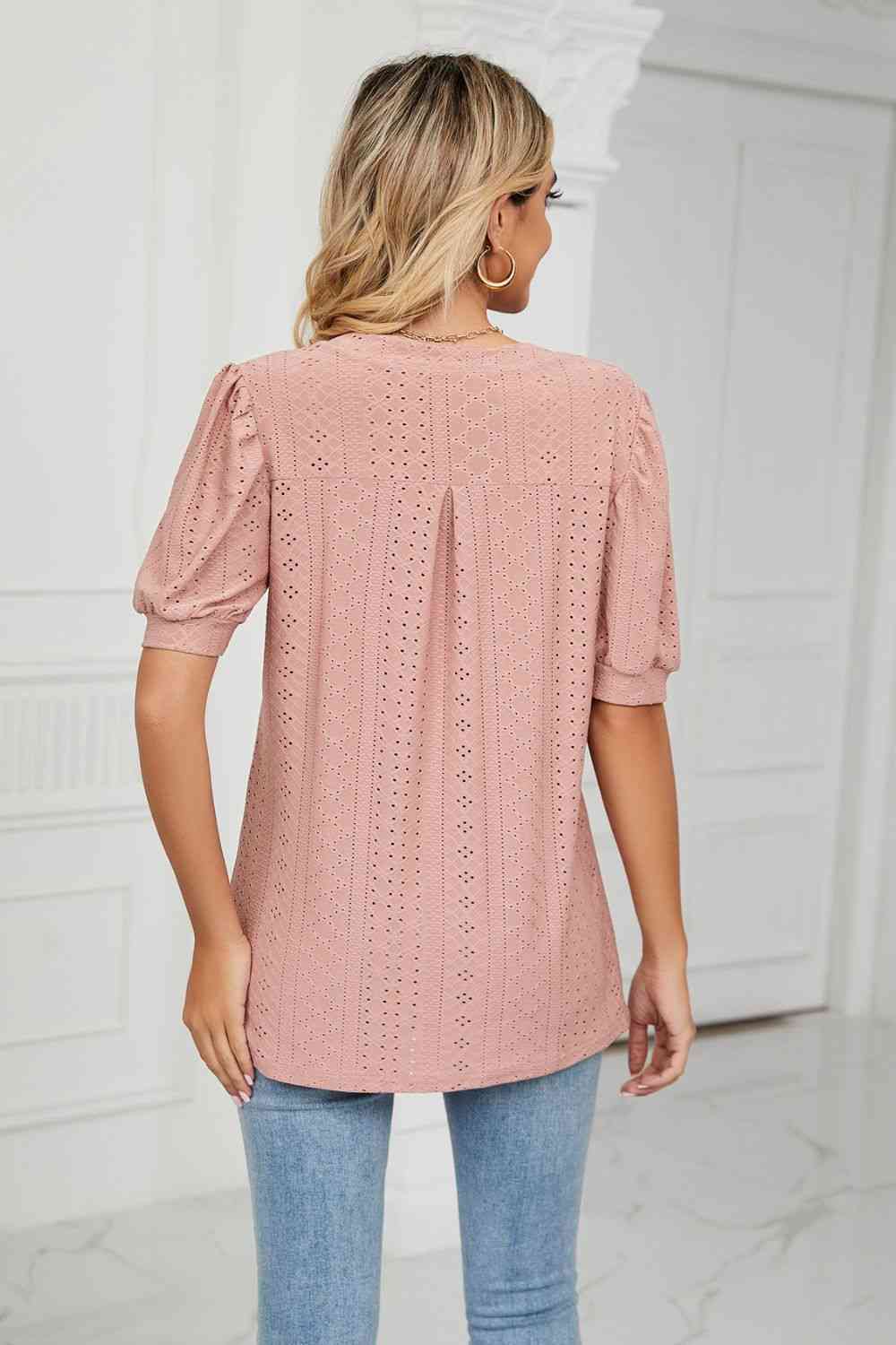 Eyelet Short Puff Sleeve Notched Neck Top - Ladyez