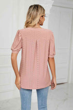 Eyelet Short Puff Sleeve Notched Neck Top - Ladyez