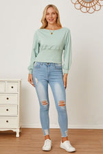 Boat Neck Lantern Sleeve Blouse - Ladyez