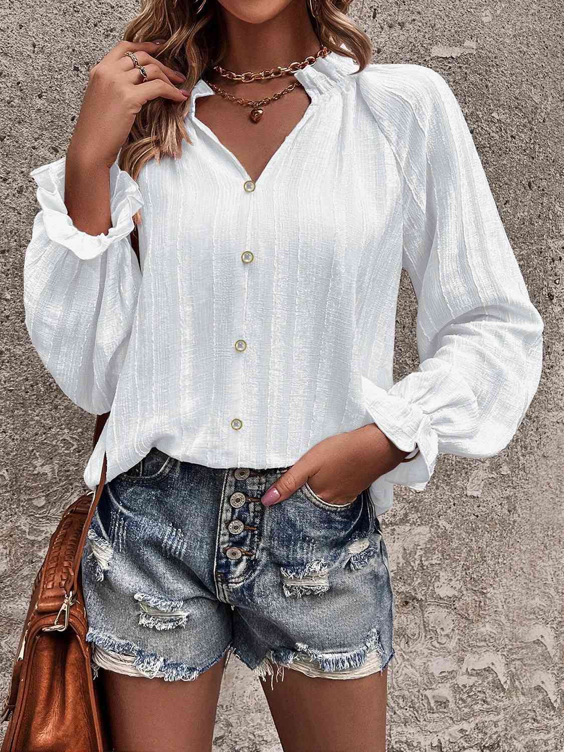 Notched Neck Flounce Sleeve Shirt - Ladyez