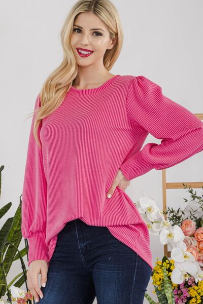 Celeste Full Size Striped Round Neck Lantern Sleeve Top - Ladyez