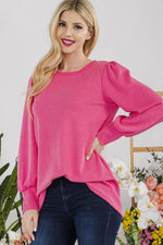Celeste Full Size Striped Round Neck Lantern Sleeve Top - Ladyez