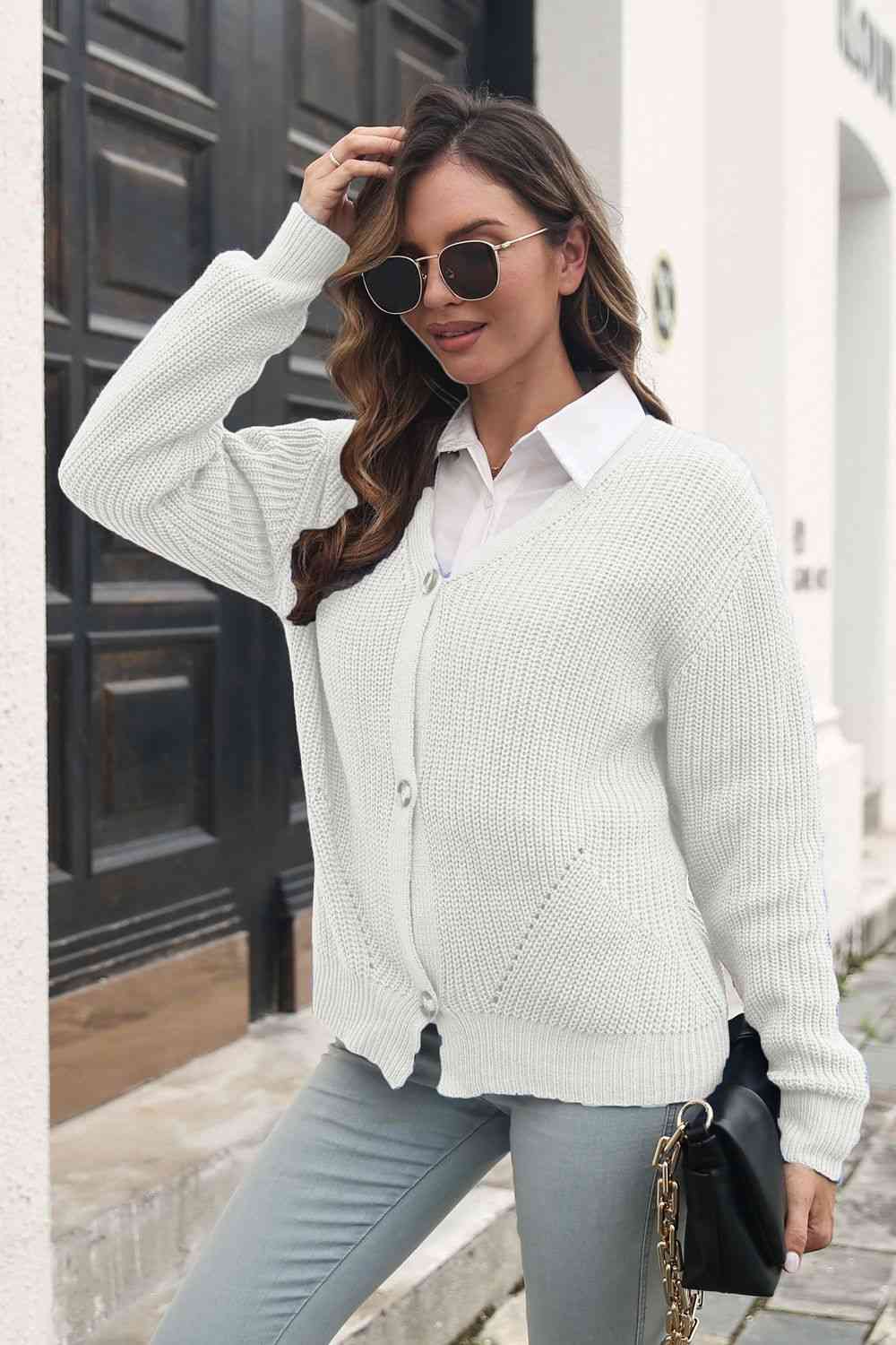 Button Down Ribbed Trim Cardigan - Ladyez