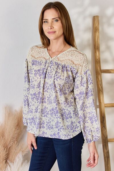 Hailey & Co Full Size Lace Detail Printed Blouse - Ladyez
