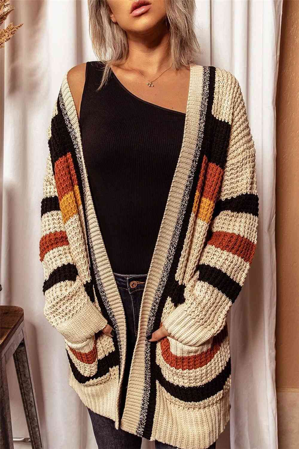 Striped Open Front Longline Cardigan - Ladyez