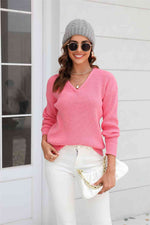 Ribbed V-Neck Dropped Shoulder Knit Top - Ladyez