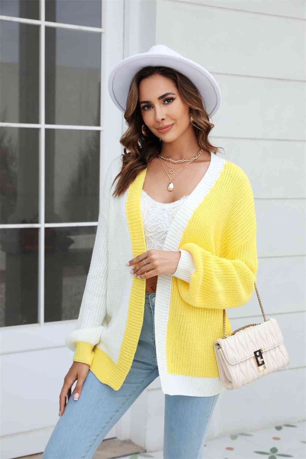 Open Front Contrast Color Balloon Sleeve Cardigan - Ladyez