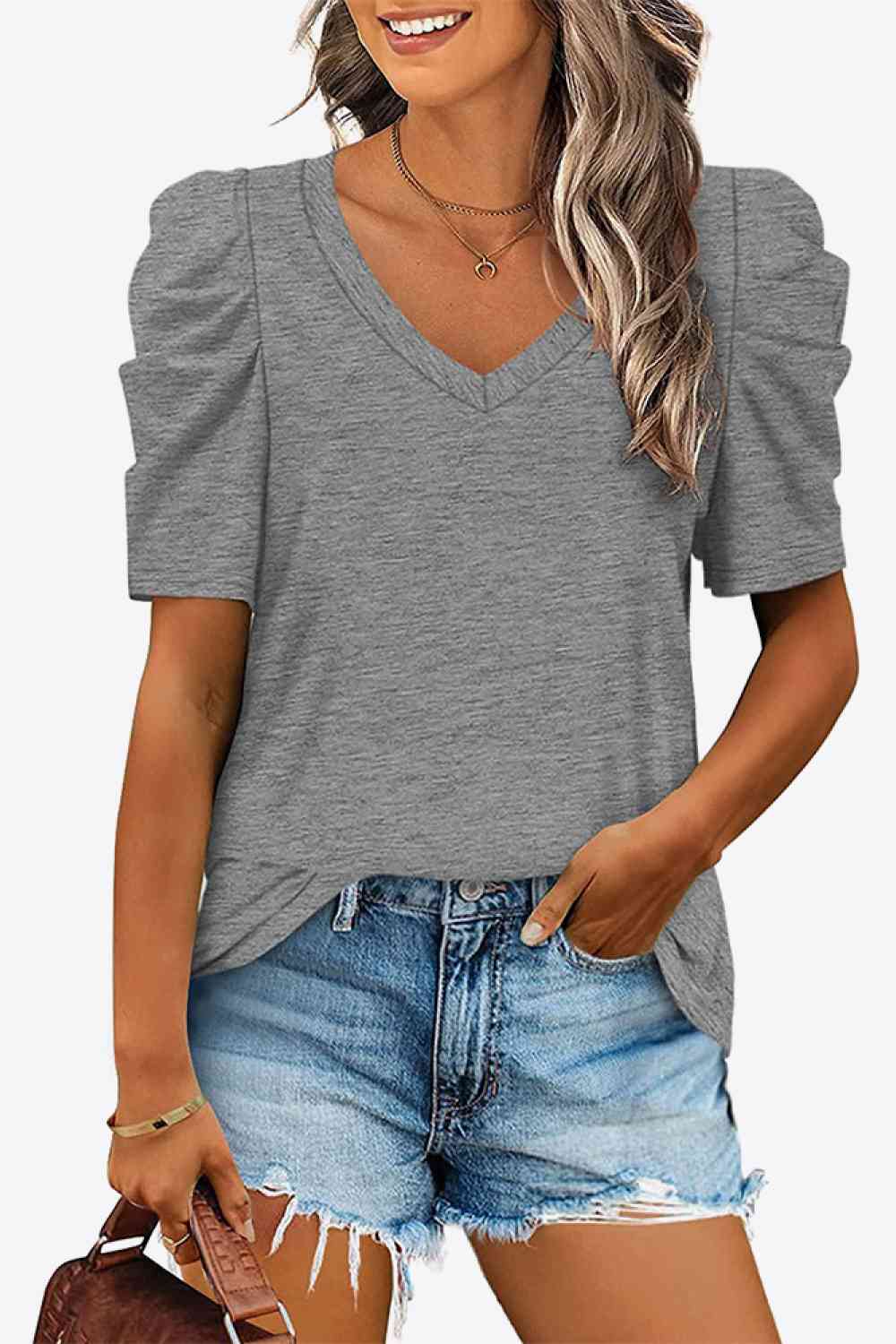 V-Neck Puff Sleeve Tee - Ladyez