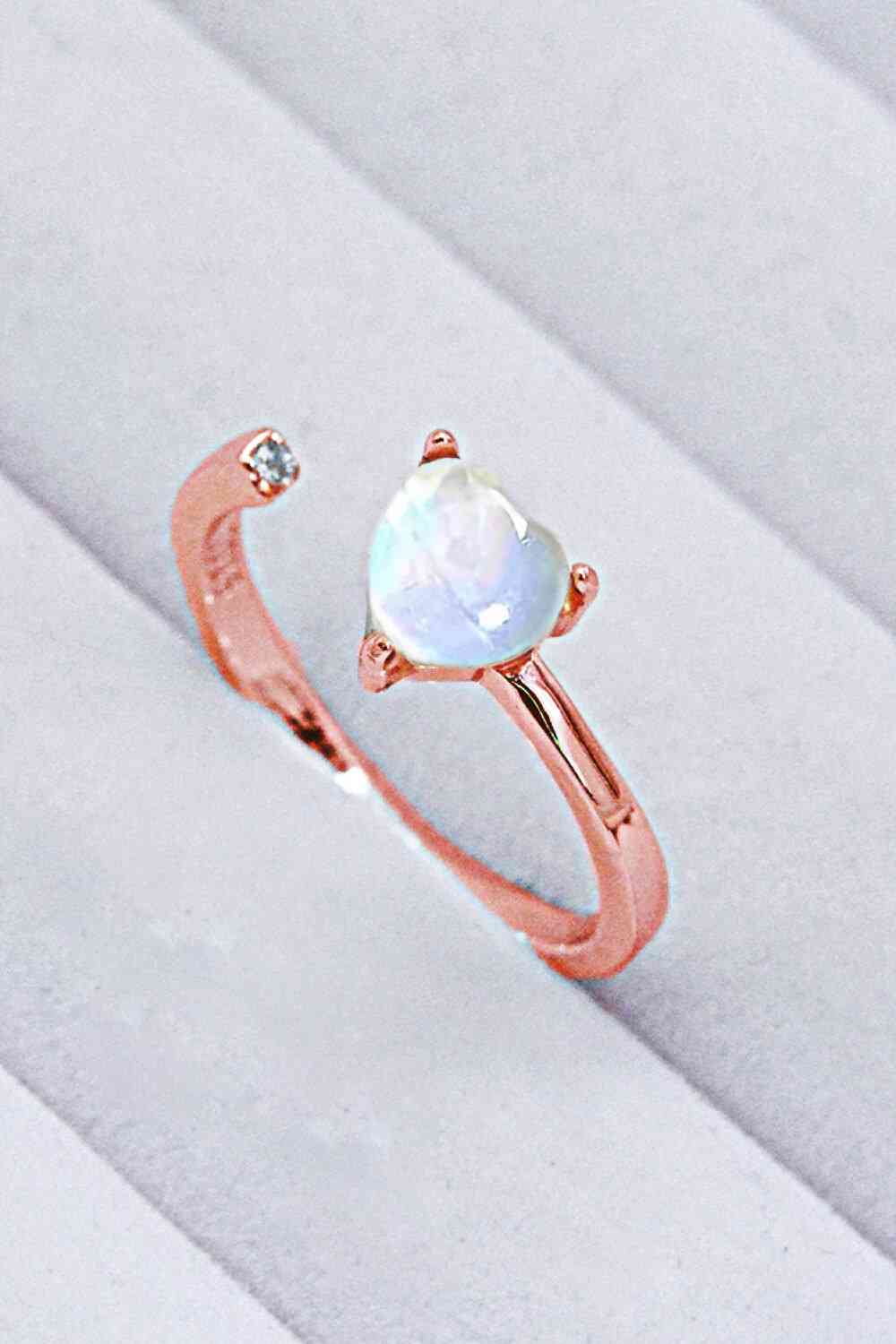 Inlaid Moonstone Heart Adjustable Open Ring - Ladyez
