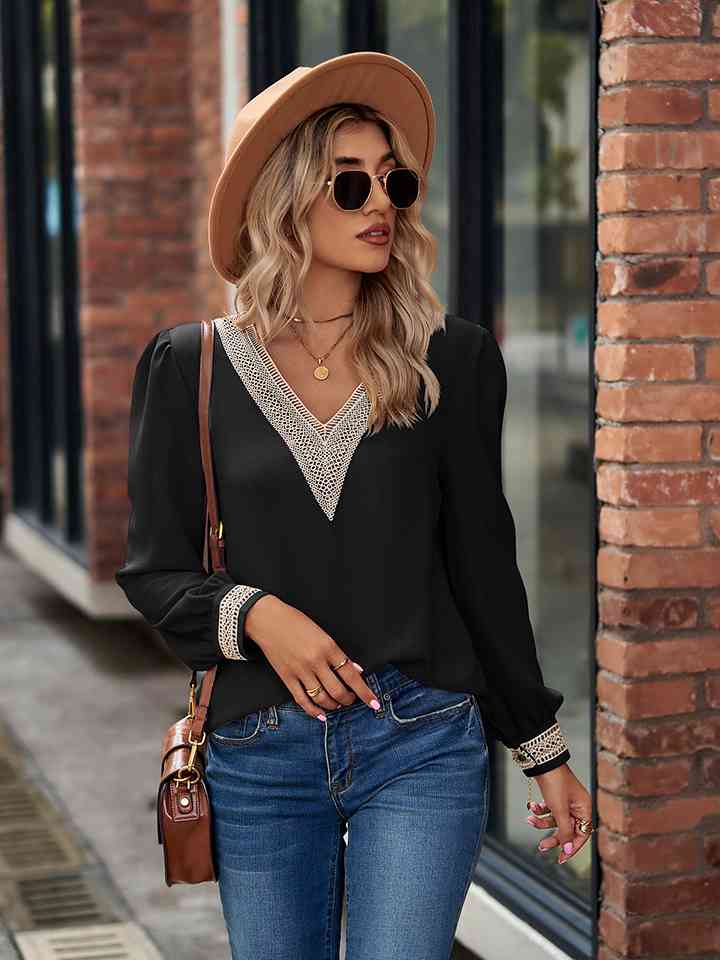 V-Neck Long Sleeve Blouse - Ladyez