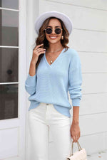 Ribbed V-Neck Dropped Shoulder Knit Top - Ladyez