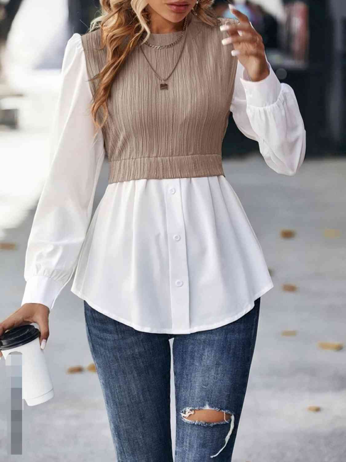 Contrast Round Neck Puff Sleeve Blouse - Ladyez