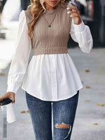 Contrast Round Neck Puff Sleeve Blouse - Ladyez