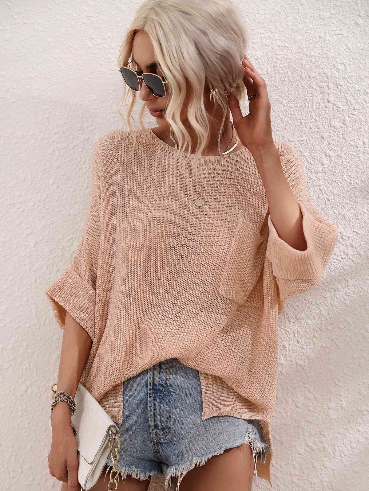Boat Neck Cuffed Sleeve Slit Tunic Knit Top - Ladyez