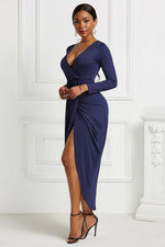 High-low Ruched Surplice Long Sleeve Dress - Ladyez