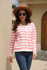 Striped Round Neck Button-Down Dropped Shoulder Cardigan - Ladyez