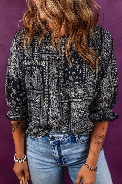 Printed Buttoned Flounce Sleeve Blouse - Ladyez