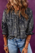 Printed Buttoned Flounce Sleeve Blouse - Ladyez