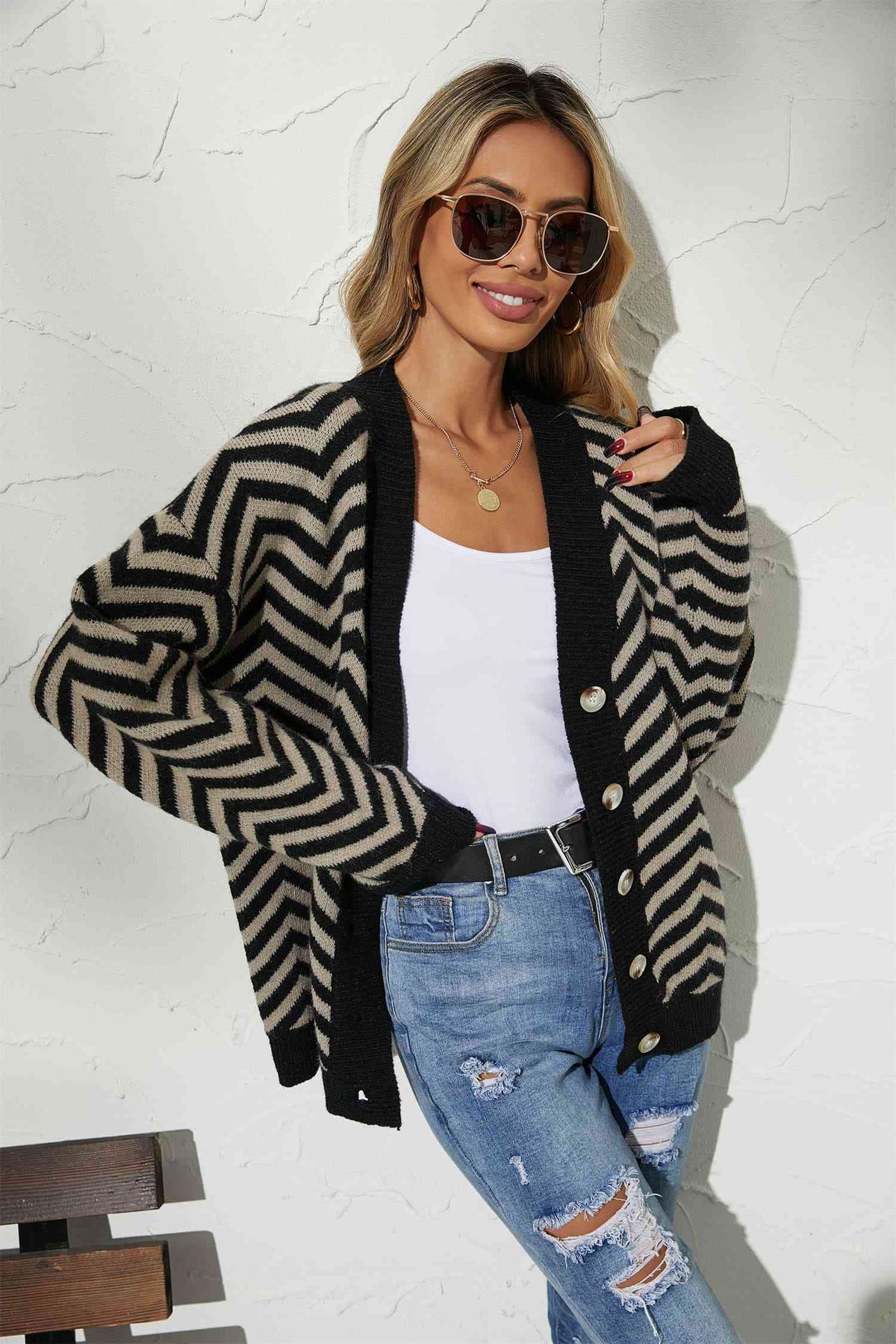 V-Neck Button-Down Cardigan - Ladyez