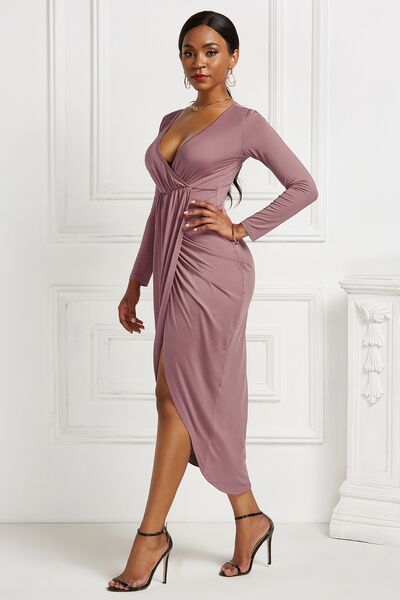 High-low Ruched Surplice Long Sleeve Dress - Ladyez