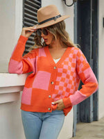 Plaid V-Neck Dropped Shoulder Cardigan - Ladyez