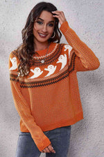 Ghost Pattern Round Neck Long Sleeve Sweater - Ladyez