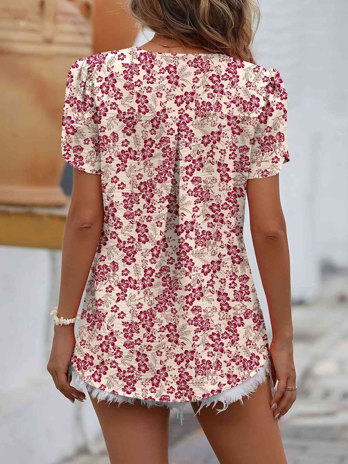Ruche V-Neck Petal Sleeve Top - Ladyez