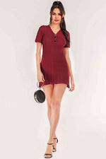 Buttoned Short Sleeve V-Neck Knit Dress - Ladyez