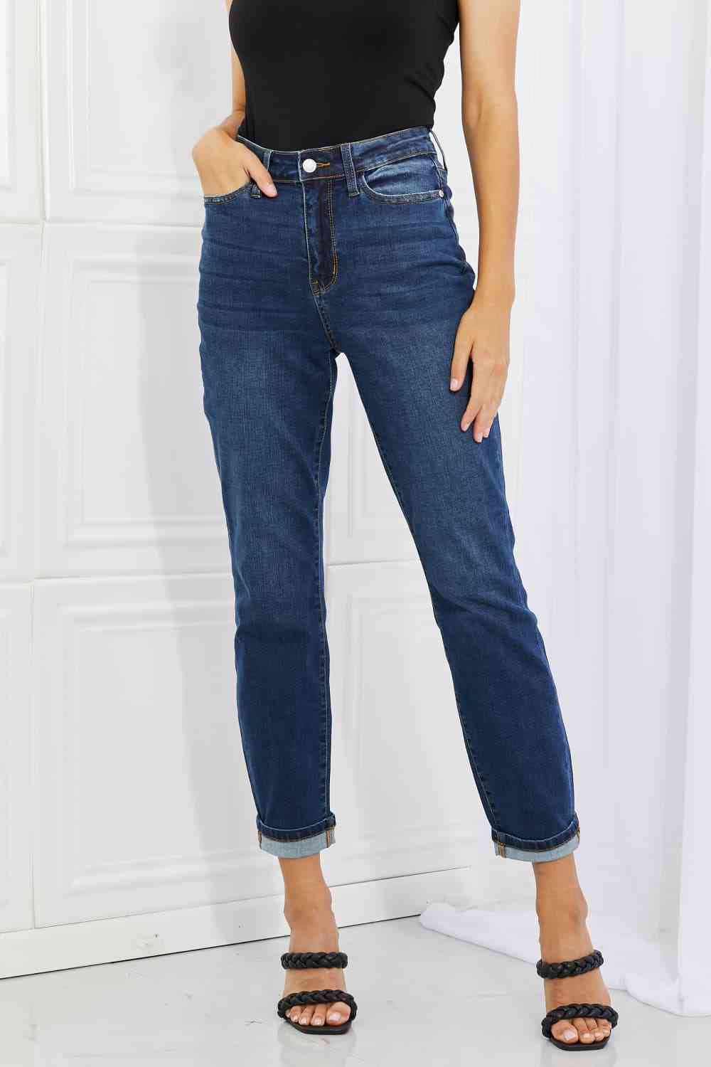Judy Blue Crystal Full Size High Waisted Cuffed Boyfriend Jeans - Ladyez