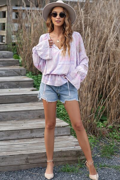 Printed Tie Neck Flounce Sleeve Blouse - Ladyez