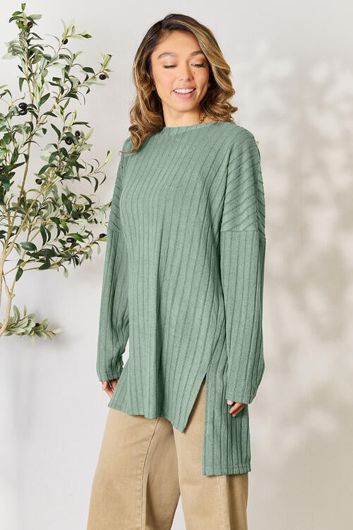 Basic Bae Full Size Ribbed Round Neck Long Sleeve Slit Top - Ladyez