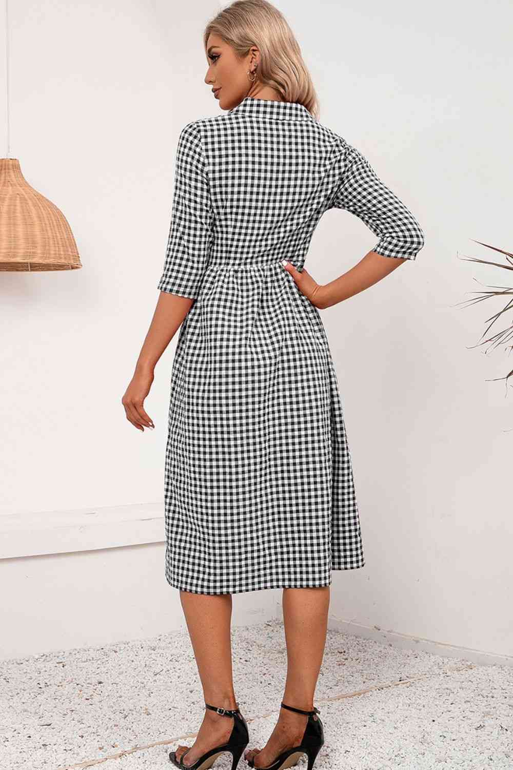 Plaid Collared Neck Midi Dress - Ladyez