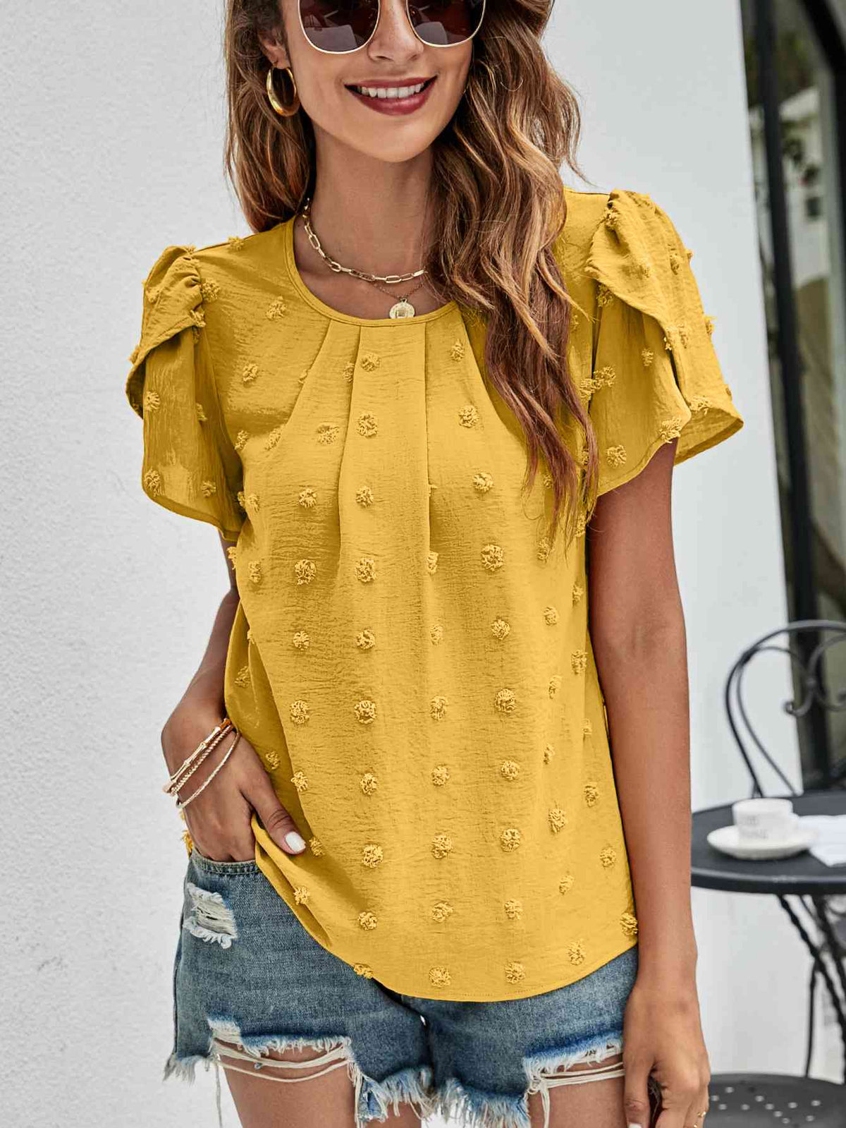 Swiss Dot Round Neck Petal Sleeve Top - Ladyez
