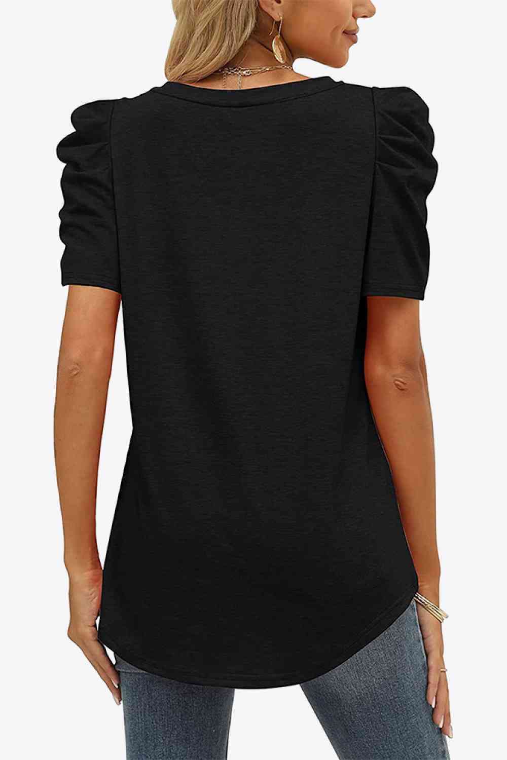 V-Neck Puff Sleeve Tee - Ladyez