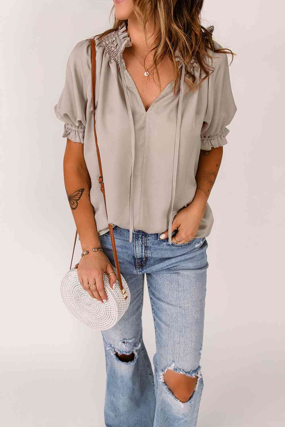 Smocked Frill Trim Flounce Sleeve Blouse - Ladyez