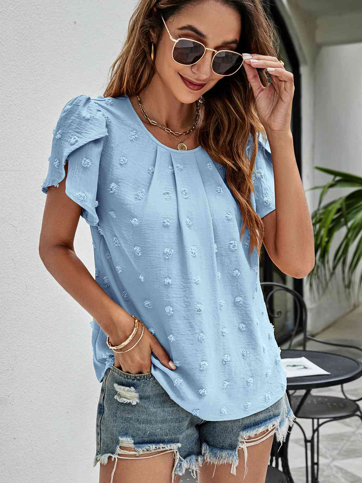 Swiss Dot Round Neck Petal Sleeve Top - Ladyez