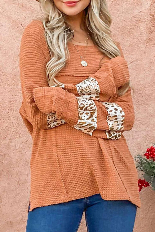 Waffle-Knit Leopard Long Sleeve Slit Blouse - Ladyez