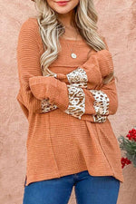 Waffle-Knit Leopard Long Sleeve Slit Blouse - Ladyez