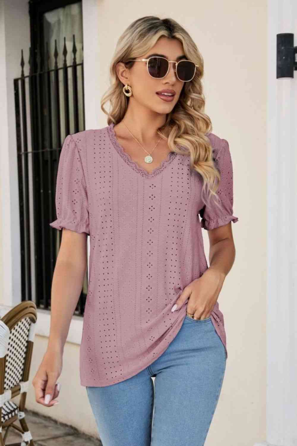 Eyelet Flounce Sleeve Scalloped V-Neck Top - Ladyez