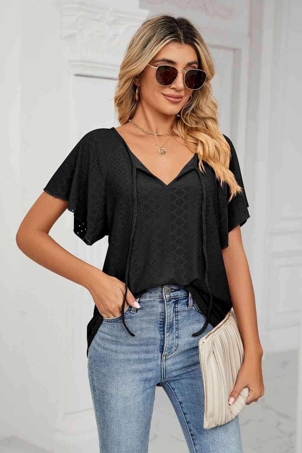 Eyelet Tie-Neck Flutter Sleeve Top - Ladyez