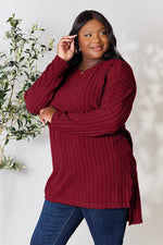 Basic Bae Full Size Ribbed Round Neck Long Sleeve Slit Top - Ladyez